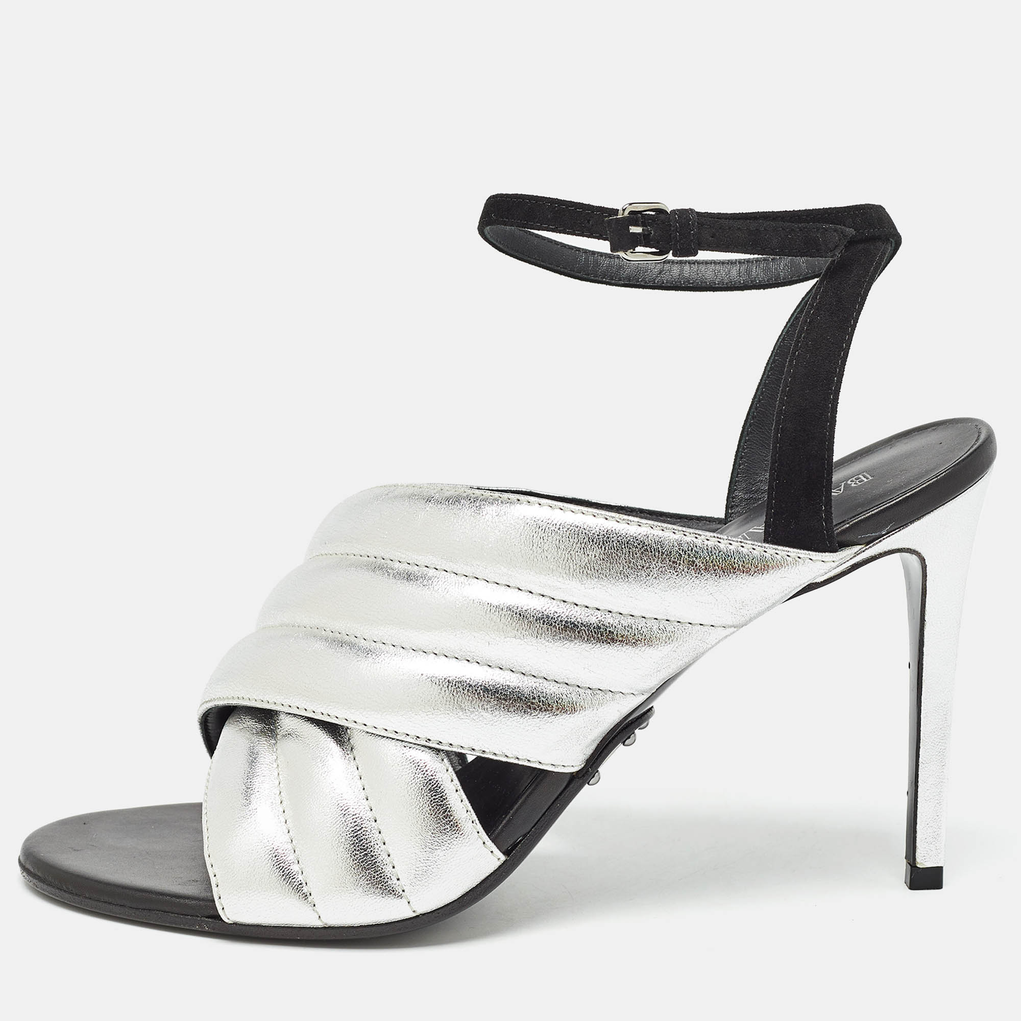 Balmain silver/black quilted leather and suede ankle strap sandals size 40