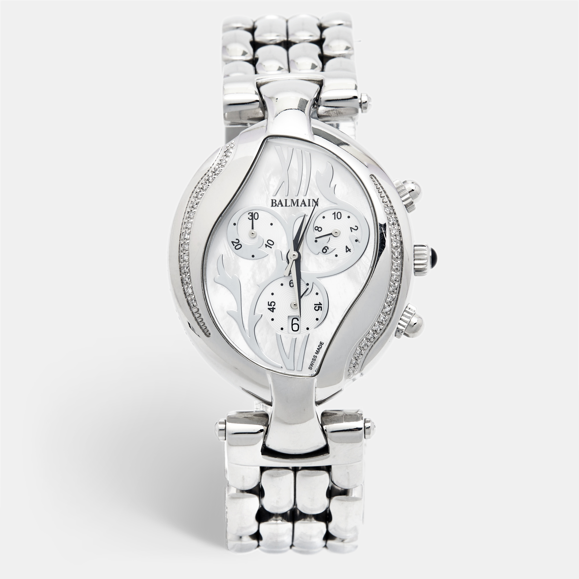 Balmain mother of pearl stainless steel diamonds excessive chrono b5655.33.83 women's wristwatch 34 mm