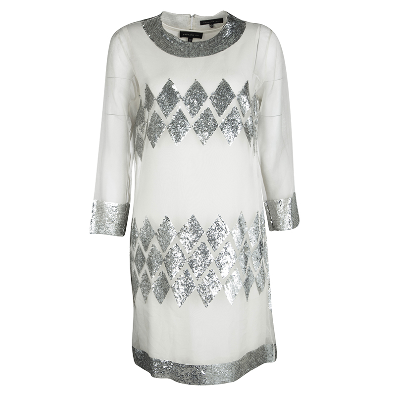 Image of Barbara Bui Off White Organza Sequin Embellished Shift Dress M