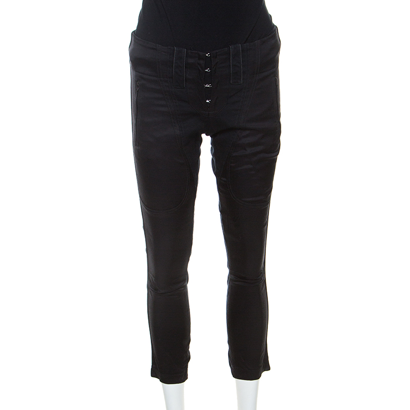 Image of Barbara Bui Black Denim and Silk Paneled Asymmetric Hem Pants S