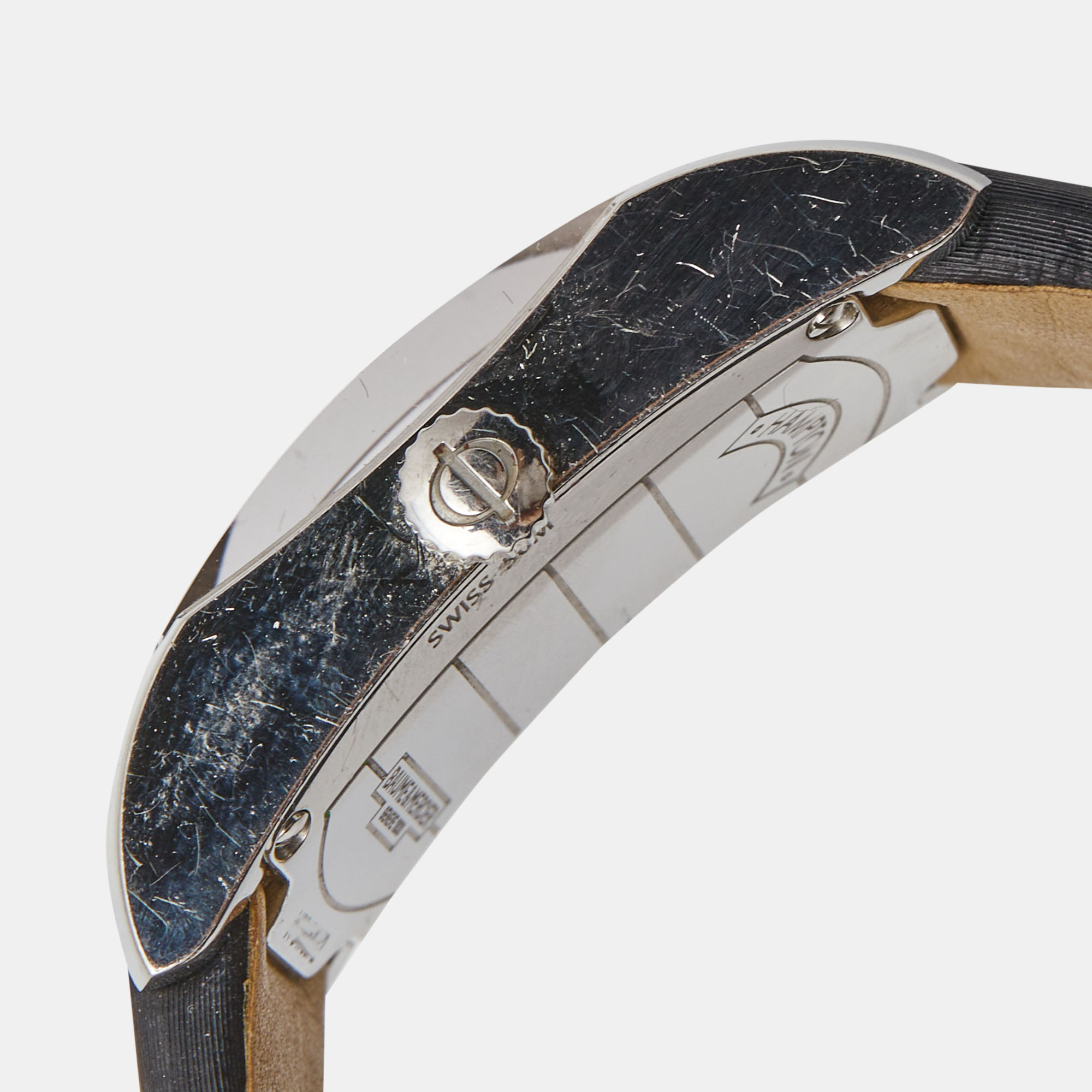 Baume & Mercier Grey Stainless Steel Leather Diamond Hampton 65694 Women's Wristwatch 27 Mm
