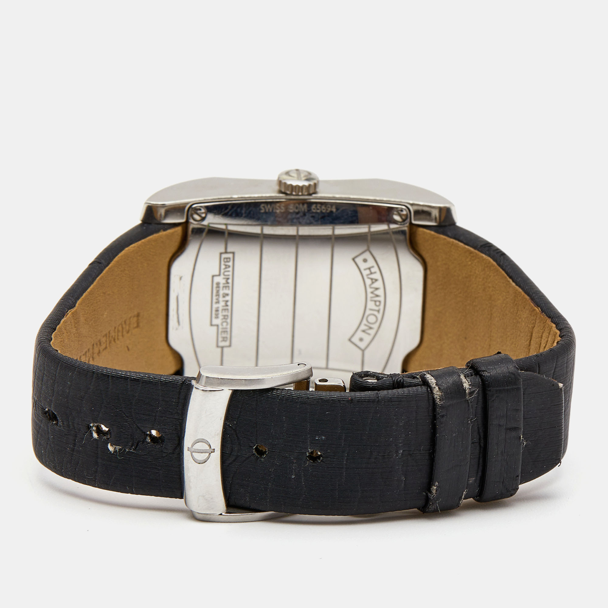 Baume & Mercier Grey Stainless Steel Leather Diamond Hampton 65694 Women's Wristwatch 27 Mm