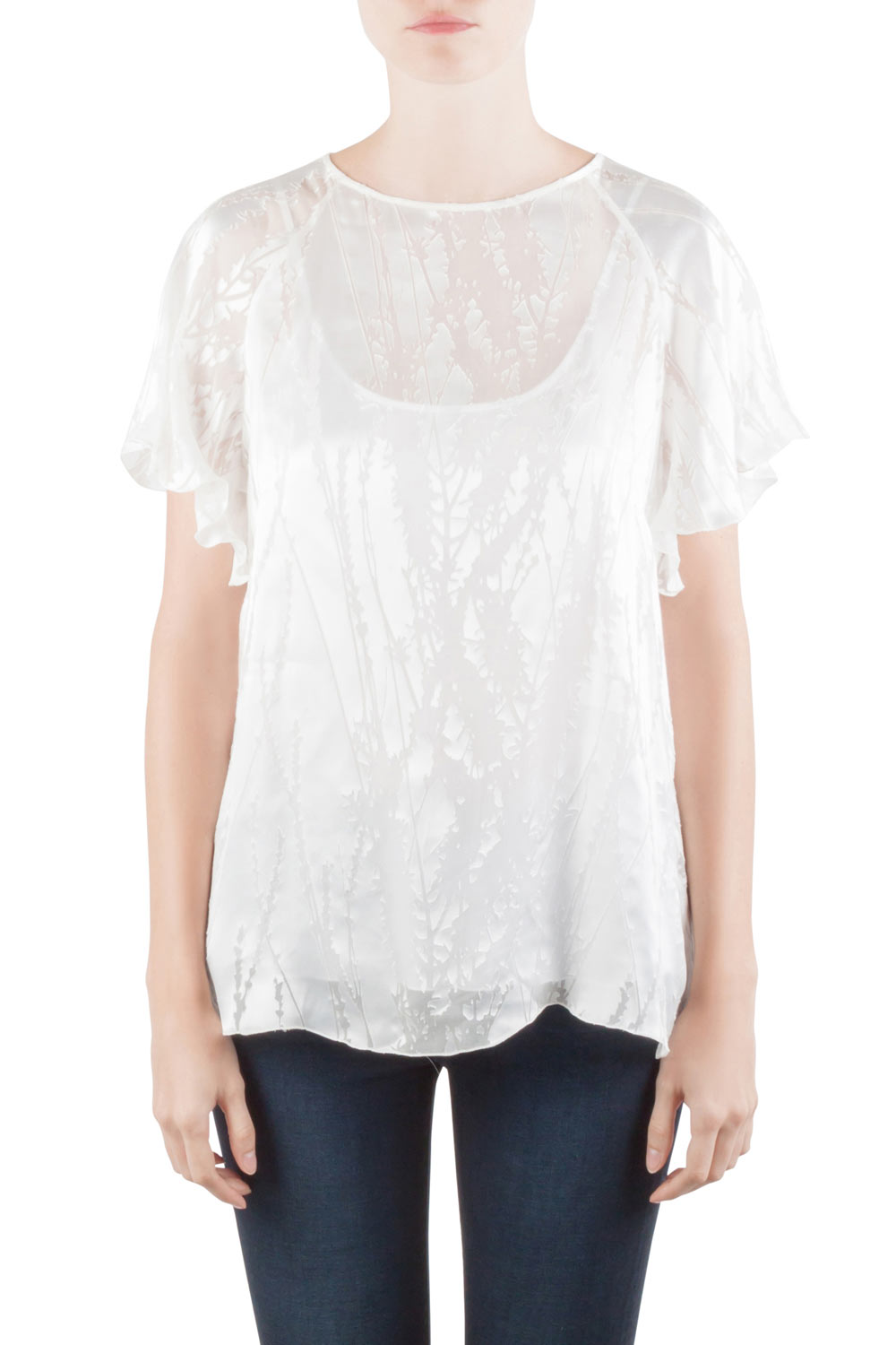 Image of Blumarine White Silk Blend Raglan Sleeve Burnout Blouse M