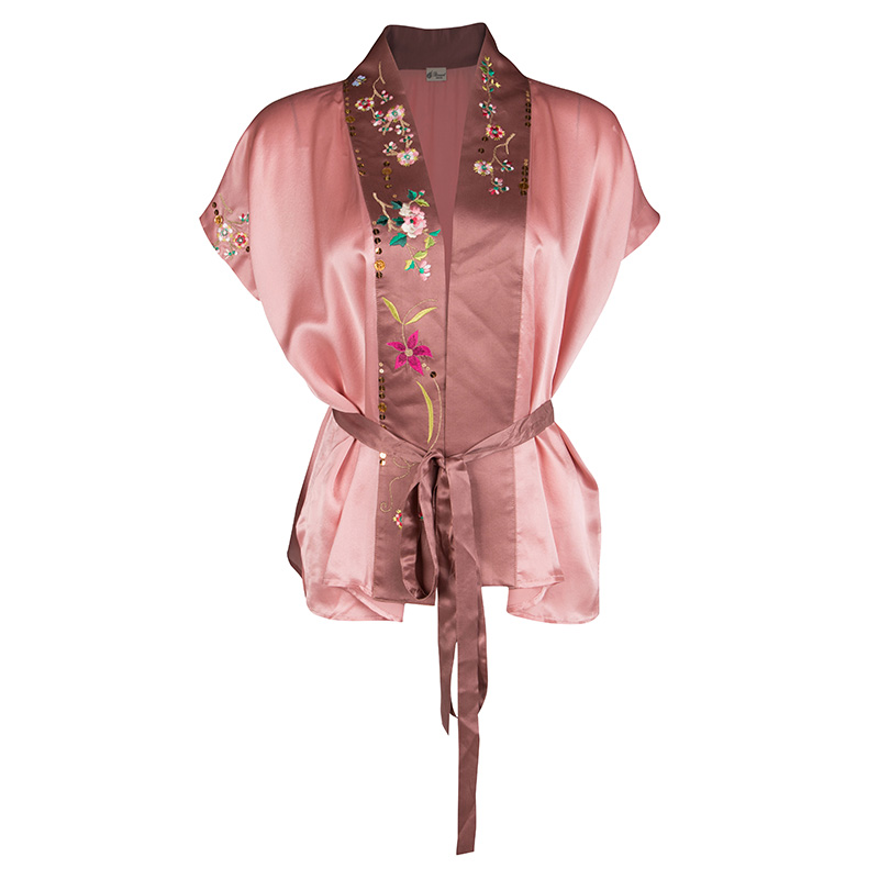 Image of Blumarine Pink Satin Embroidered Contrast Trim Wrap Top L