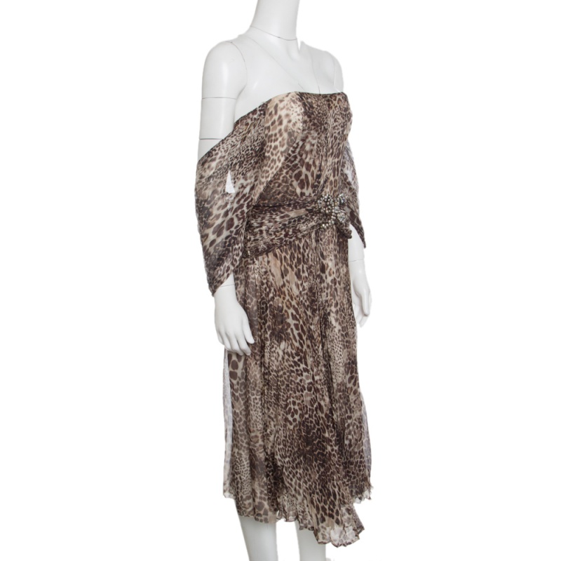 

Blumarine Animal Printed Embellished Draped Silk Dress, Brown