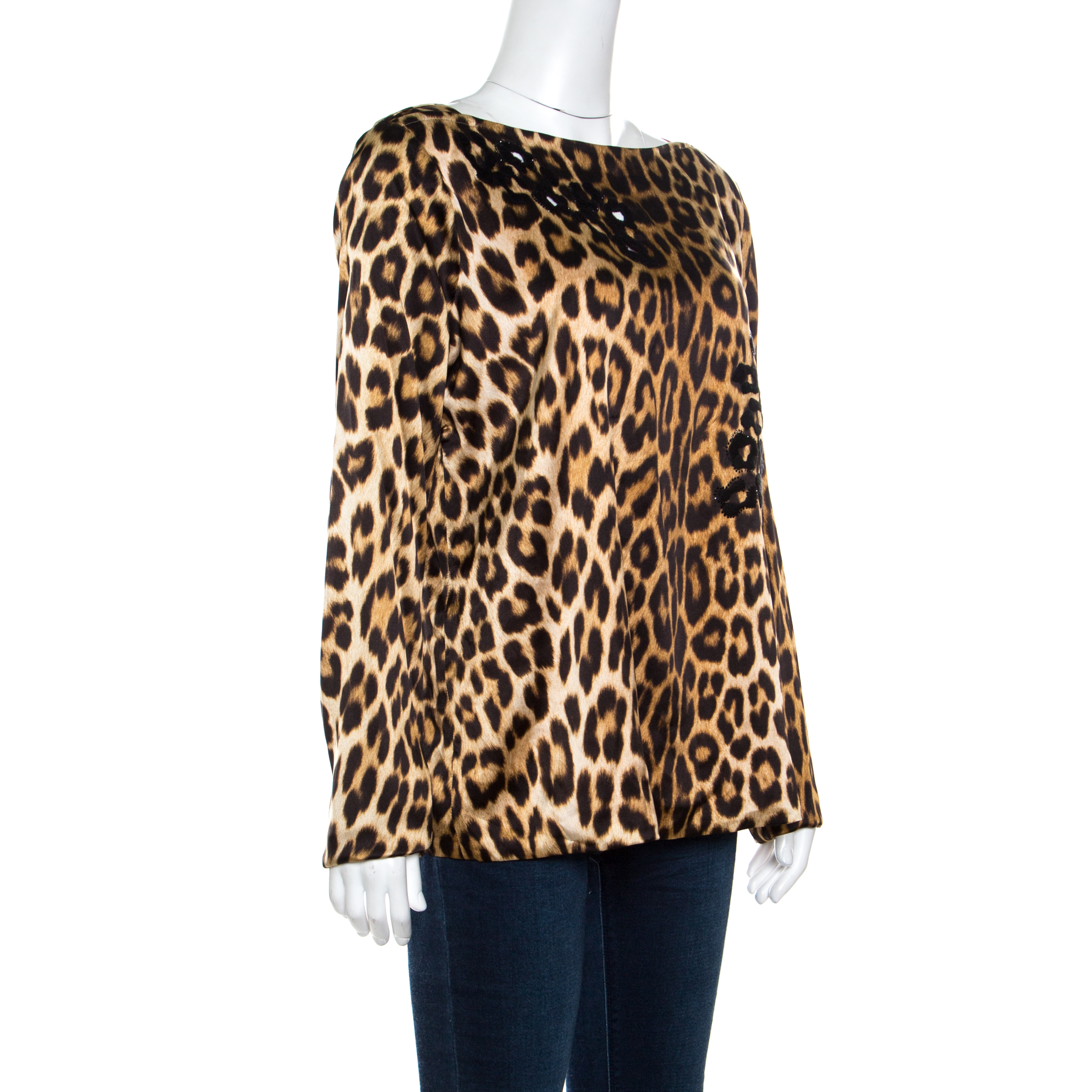 Blumarine Brown Leopard Printed Silk Cutout Detail Embellished Contrast Lined Blouse L