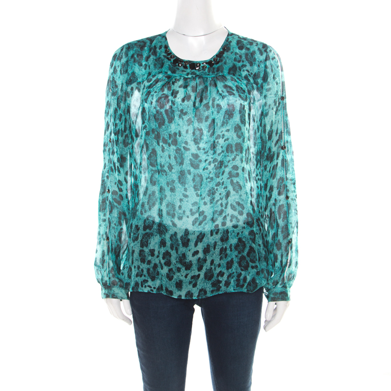 Blumarine blue and black animal printed silk embellished neck blouse m