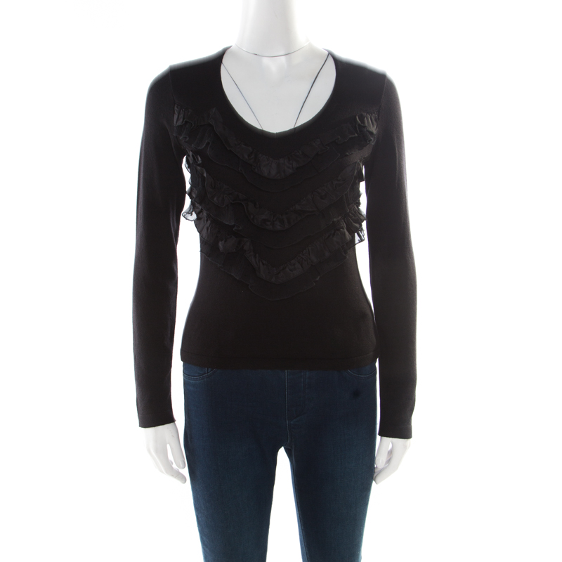 Image of Blumarine Black Wool Ruffle Tiered Front Fitted Top M