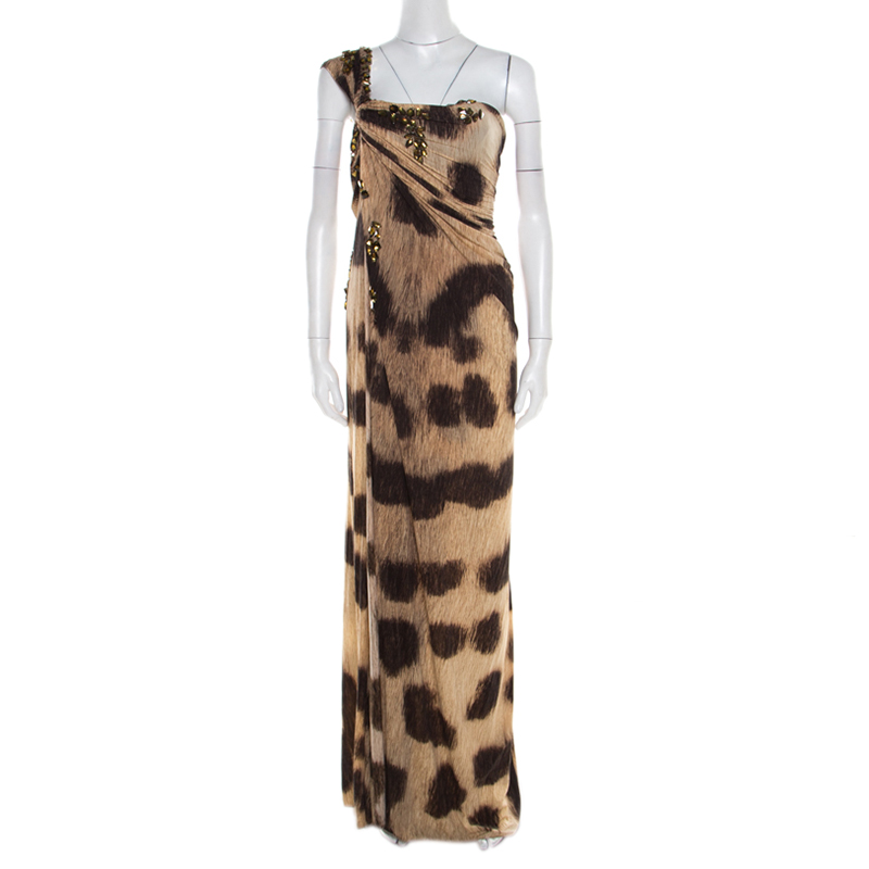 Image of Blumarine Brown Animal Printed Embellished Ruched One Shoulder Dress M