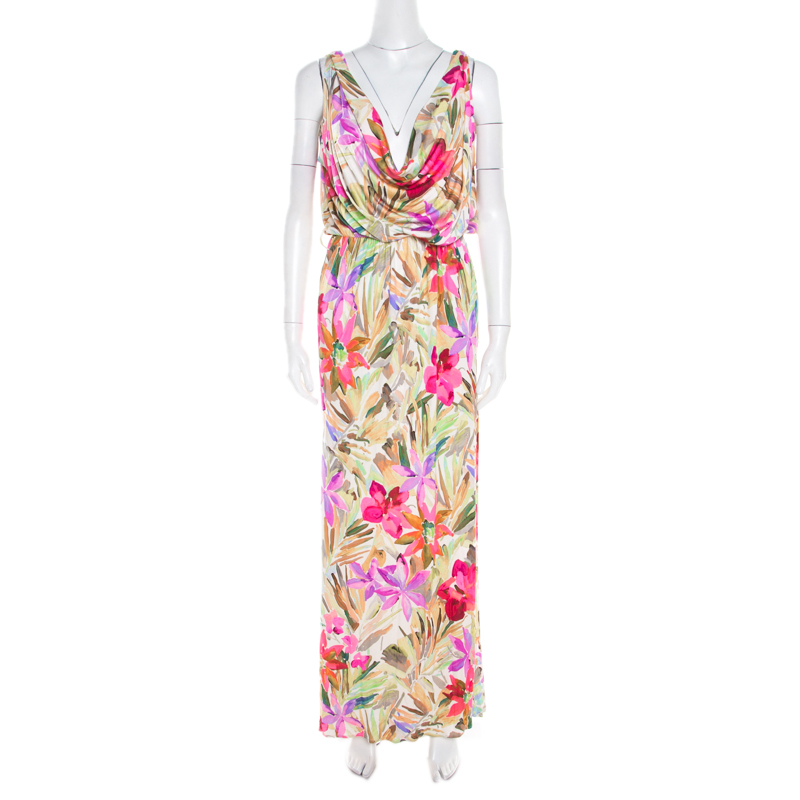 Image of Blumarine Multicolor Floral Printed Silk Jersey Draped Sleeveless Maxi Dress S