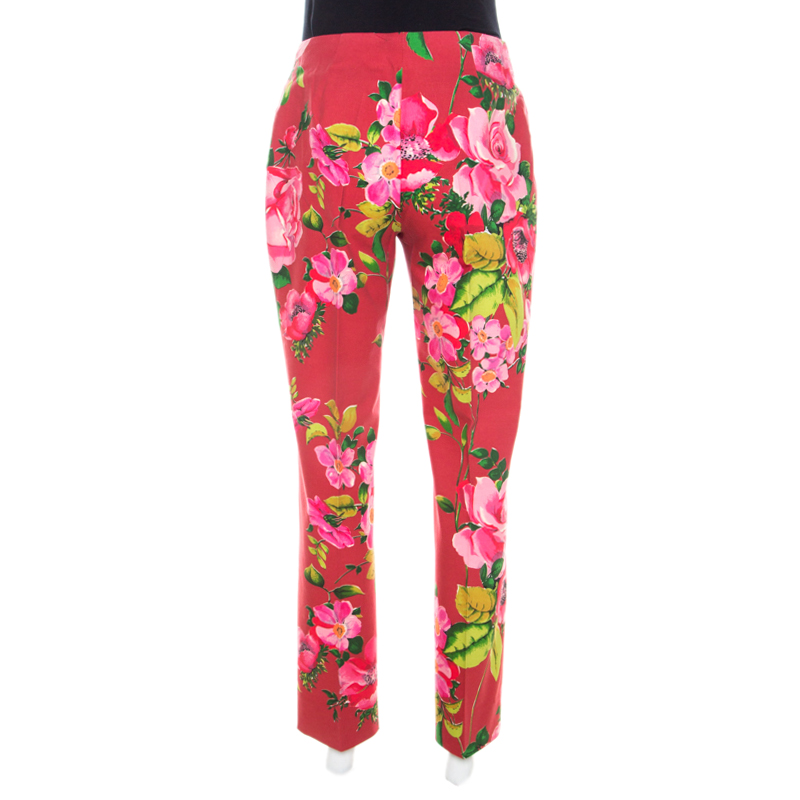 Blumarine Red Floral Print Cotton Straight Fit Trousers M