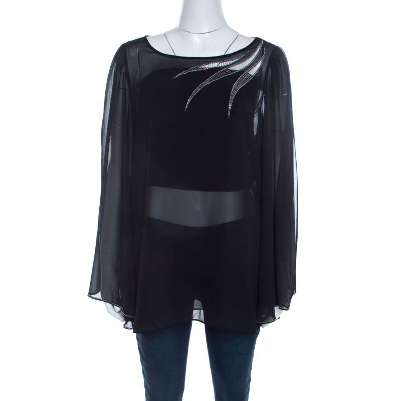 Blumarine sheer black crepe beaded trim cape sleeve blouse l