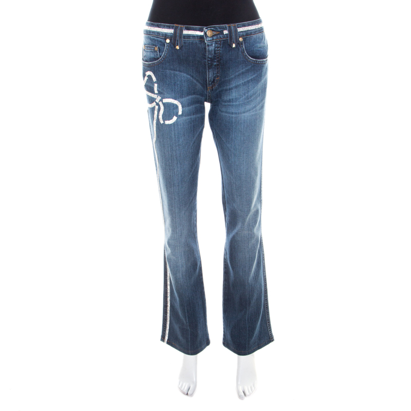 Image of Blumarine Indigo Faded Effect Denim Crystal Bow Embellished Straight Fit Jeans M