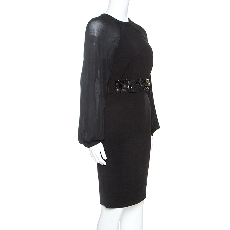 

Blumarine Black Stretch Wool Crepe Embellished Belted Sheath Dress