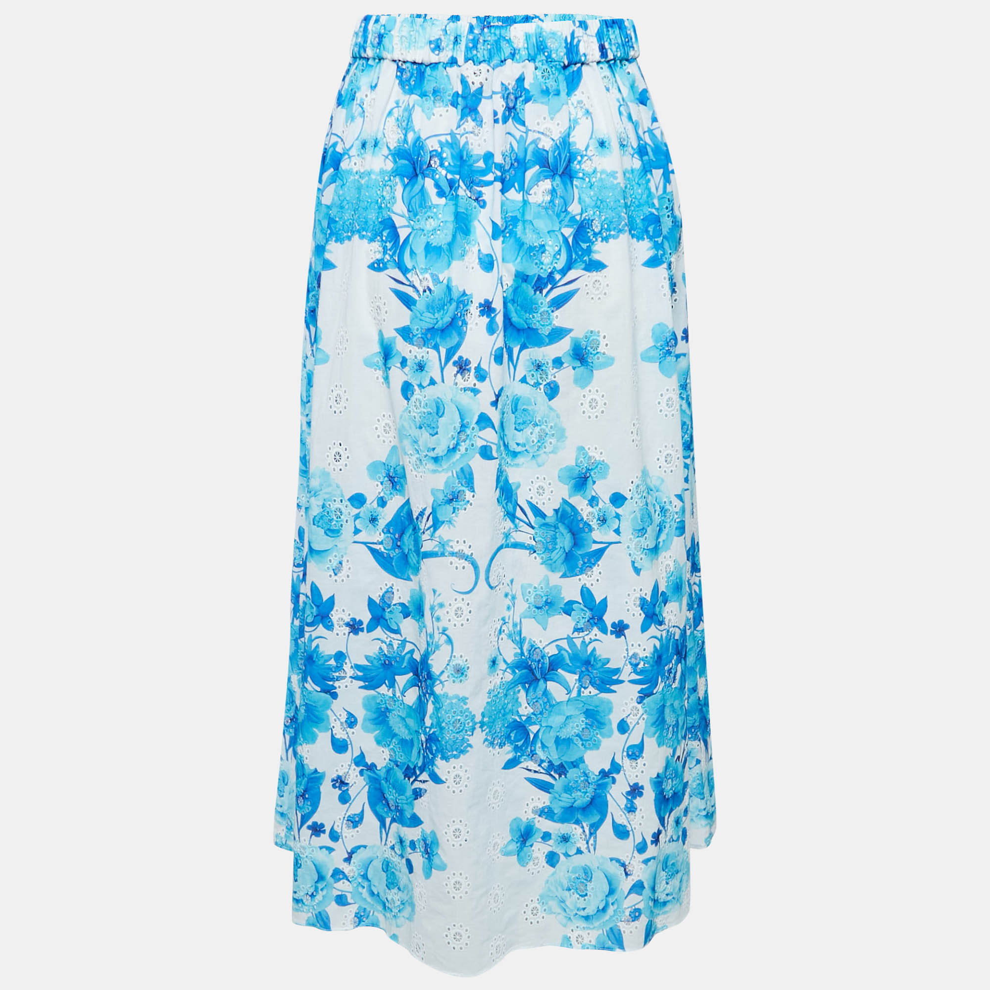 Borgo De Nor Blue Floral Print Broderie Anglaise Cotton Rhea Midi Skirt S