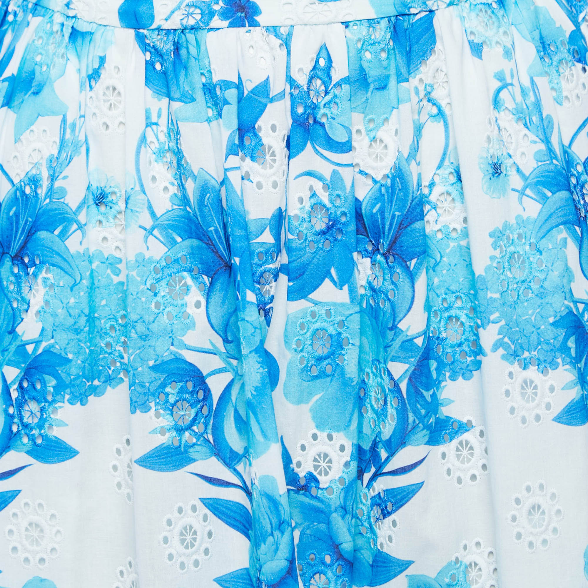 Borgo De Nor Blue Floral Print Broderie Anglaise Cotton Rhea Midi Skirt S