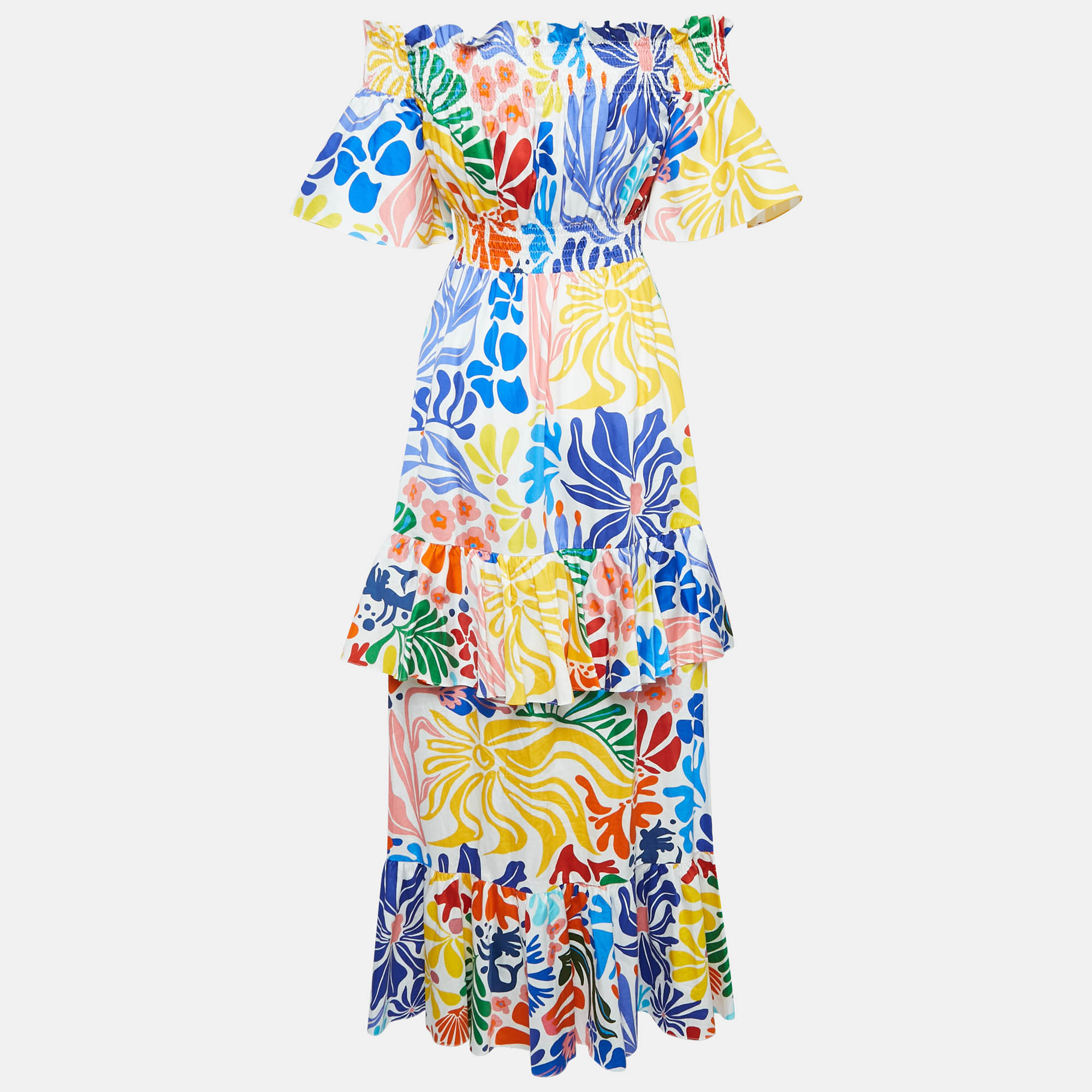 Borgo De Nor Floral Print Cotton Shirring Tiered Elena Maxi Dress S