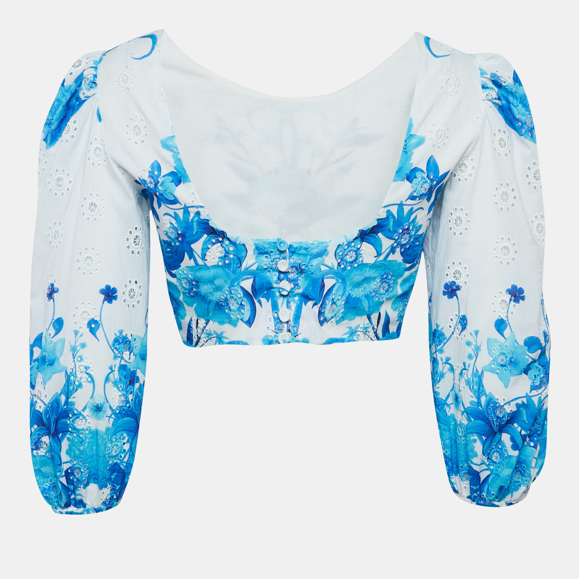 Borgo De Nor Blue Floral Print Broderie Anglaise Cotton Rhea Crop Top S