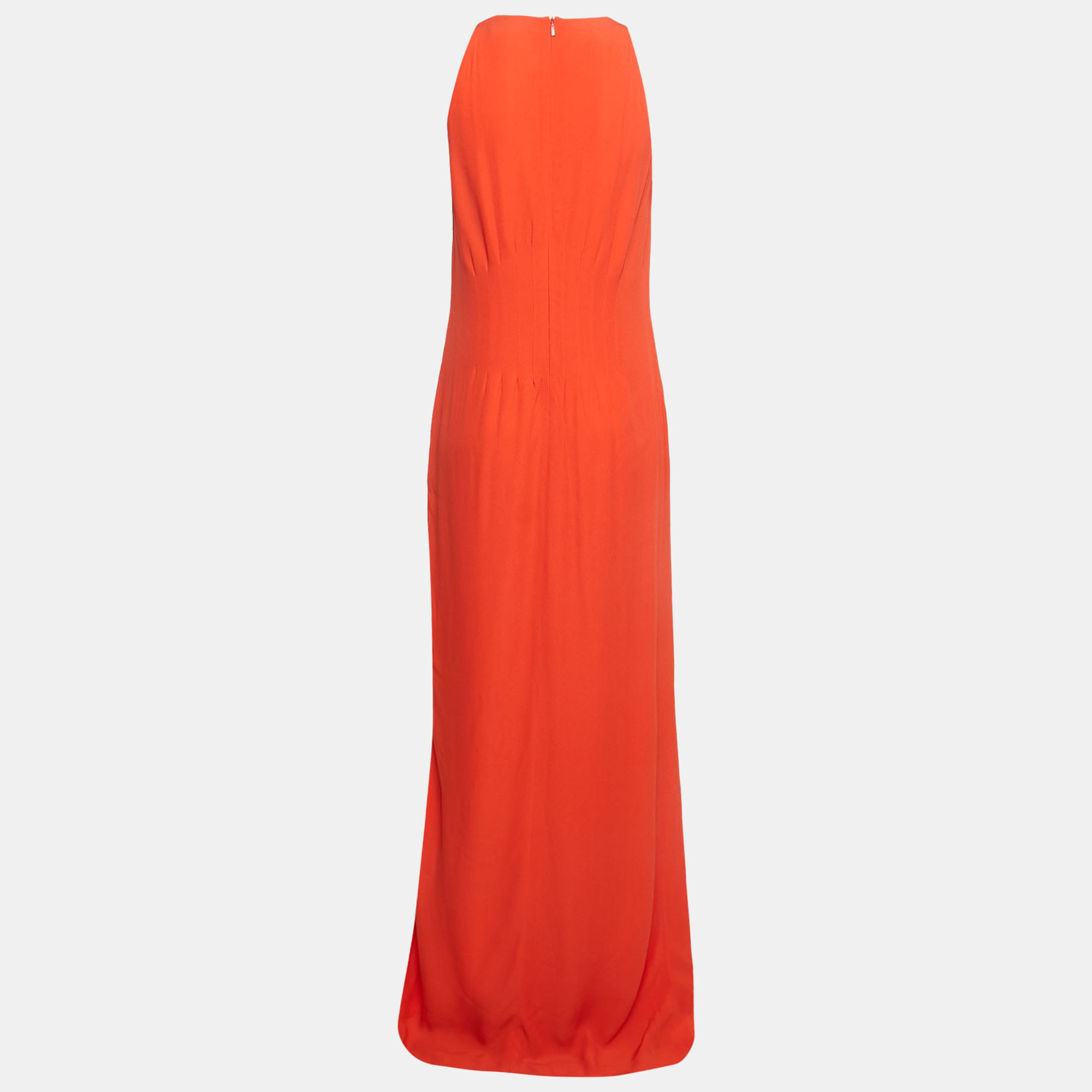 Boss By Hugo Boss Orange Crepe Sleeveless V-Neck Slit Detail Maxi Dress M