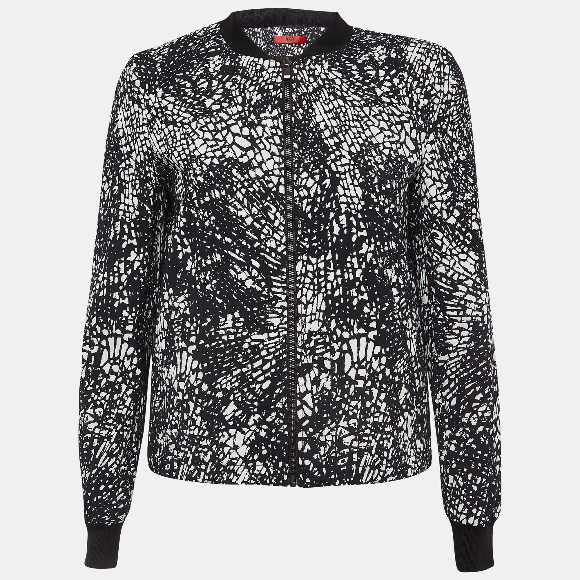 Boss by hugo boss black/white printed cotton blend crinkled bomber jacket s