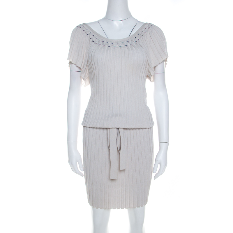 Image of Boss Orange by Hugo Boss Grey Ribbed Stretch Knit Belted Dress XS