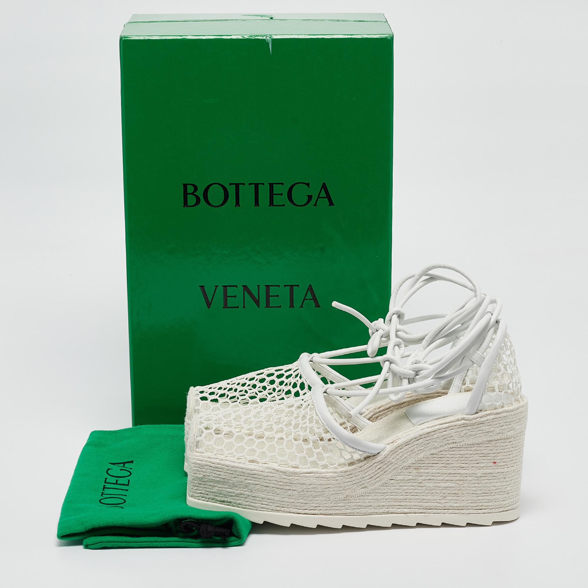 Bottega Veneta White Mesh And Leather Wedge Platform Espadrille Ankle Wrap Sandals Size 39