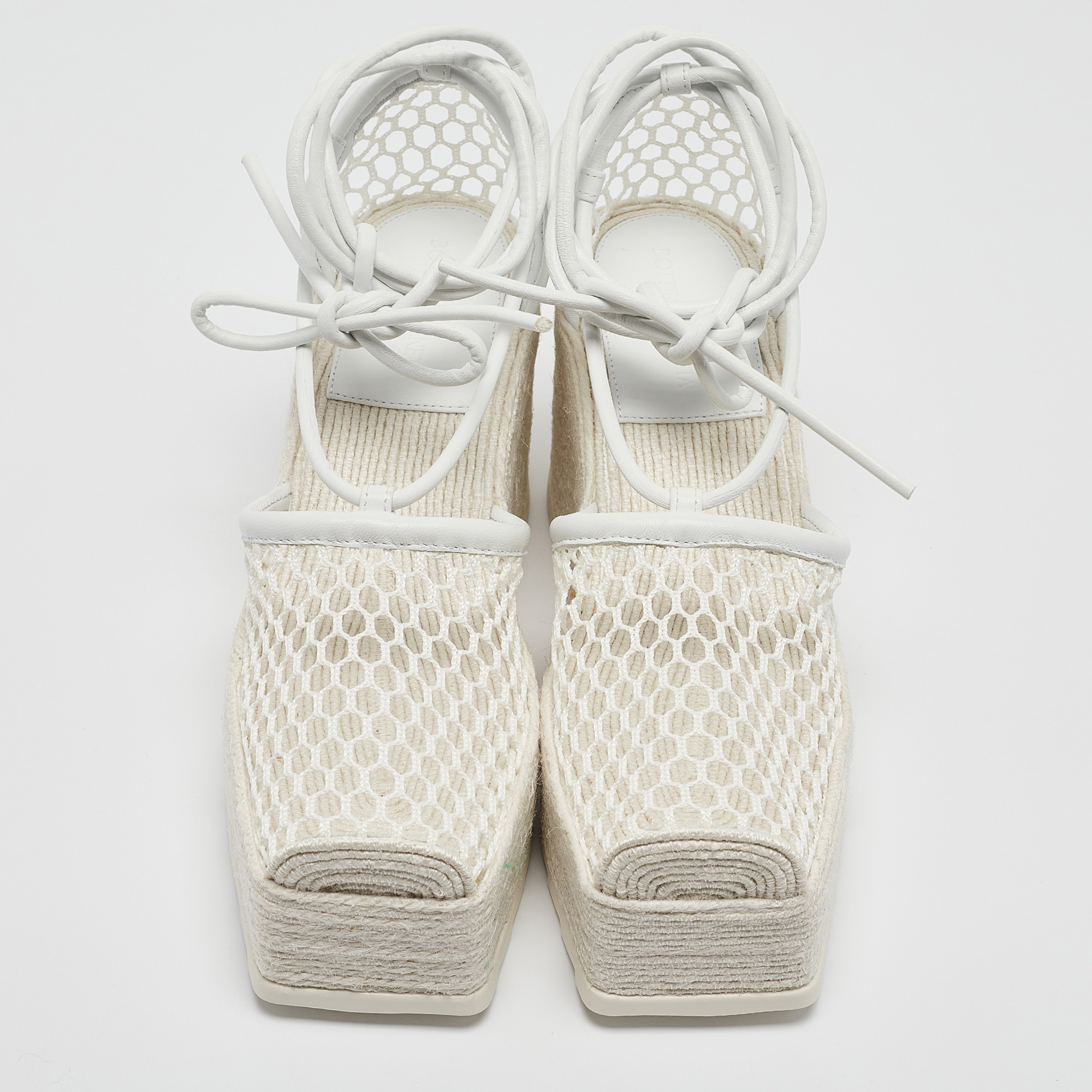 Bottega Veneta White Mesh And Leather Wedge Platform Espadrille Ankle Wrap Sandals Size 39