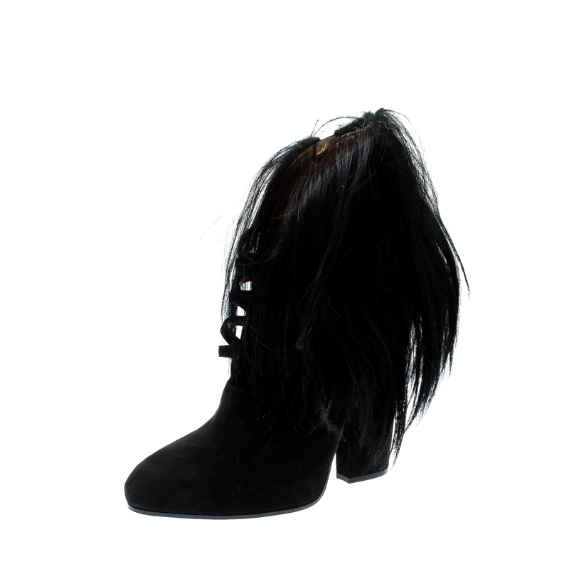 Image of Bottega Veneta Black Suede and Fur Criss Cross Ankle Boots Size