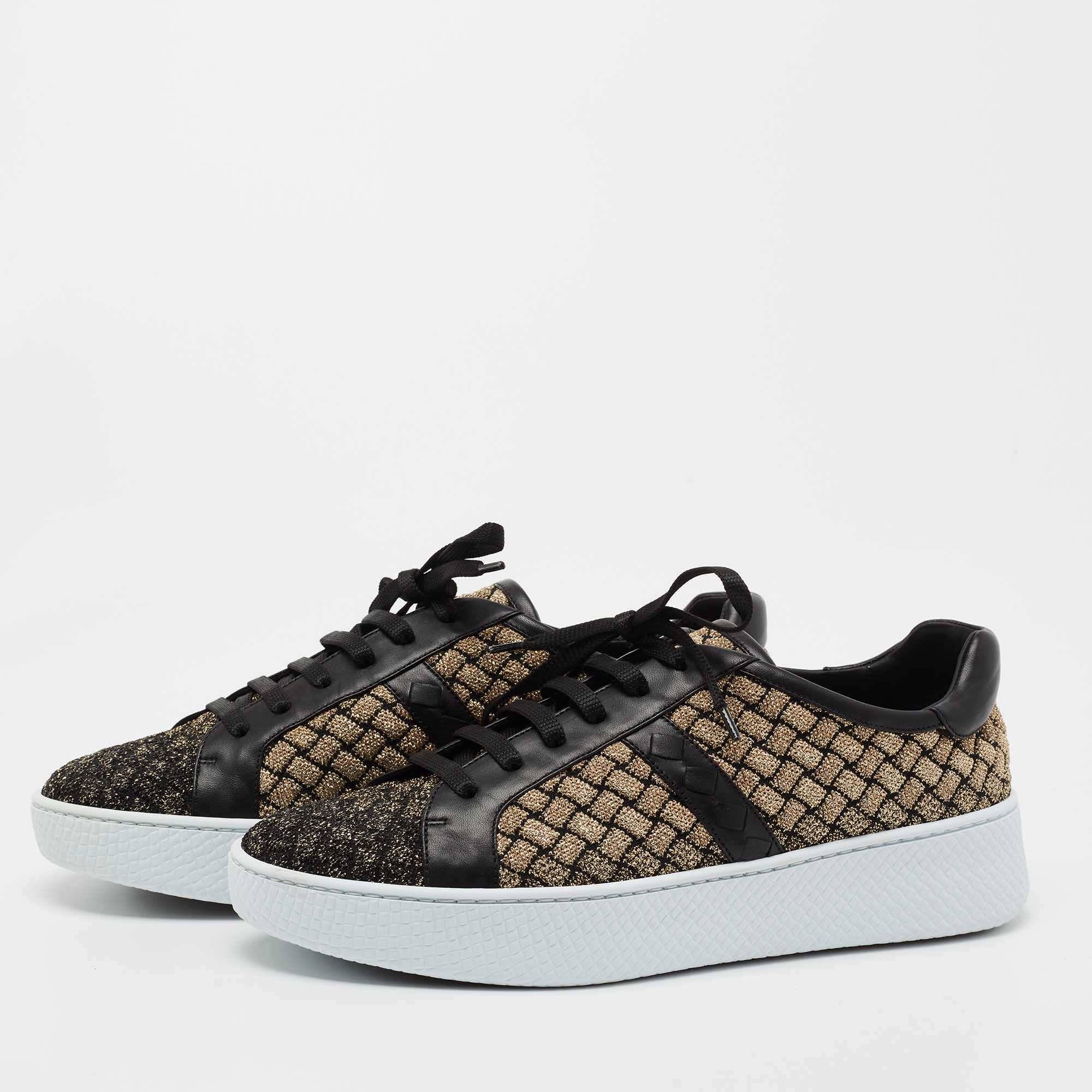 Bottega Veneta Black/Gold Woven Fabric and Leather Lace Low Top Sneakers Size
Bottega Veneta Black/Gold Woven Fabric and Leather Lace Low Top Sneakers Size