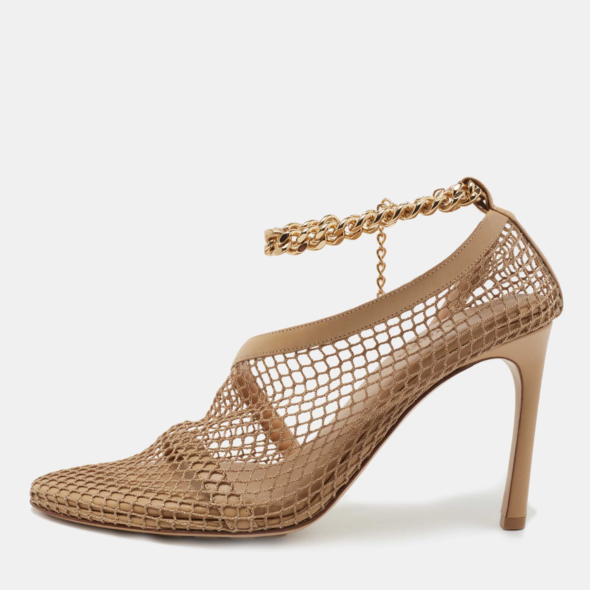 Bottega veneta tan mesh and leather ankle chain d'orsay pumps size 40