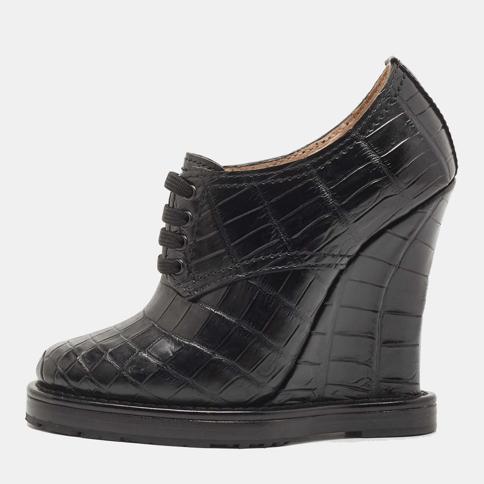 Bottega Veneta Black Croc Embossed Leather Wedge Oxford Pumps Size 37