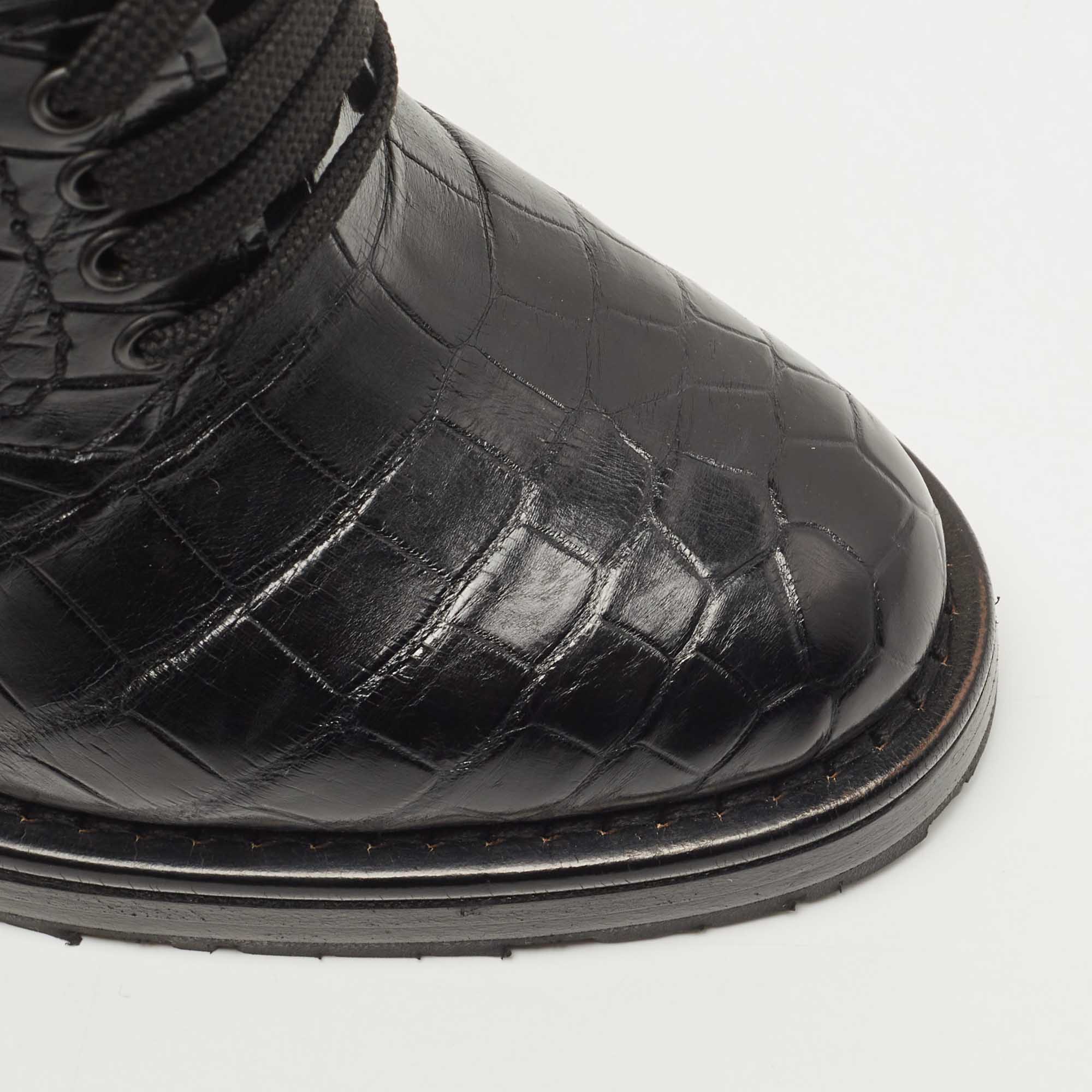 Bottega Veneta Black Croc Embossed Leather Wedge Oxford Pumps Size 37