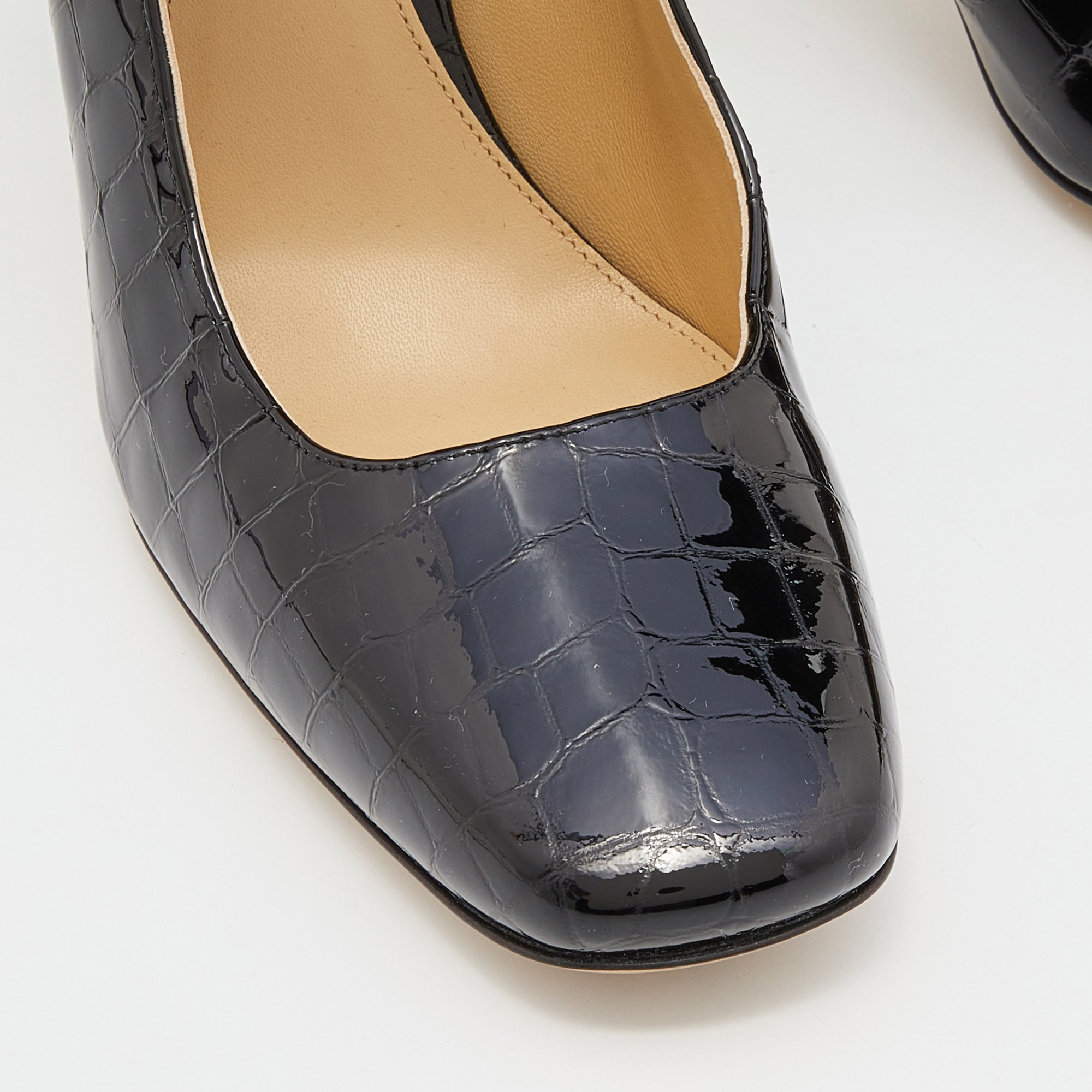 Bottega Veneta Black Croc Embossed Patent Leather Block Heel Pumps Size 39