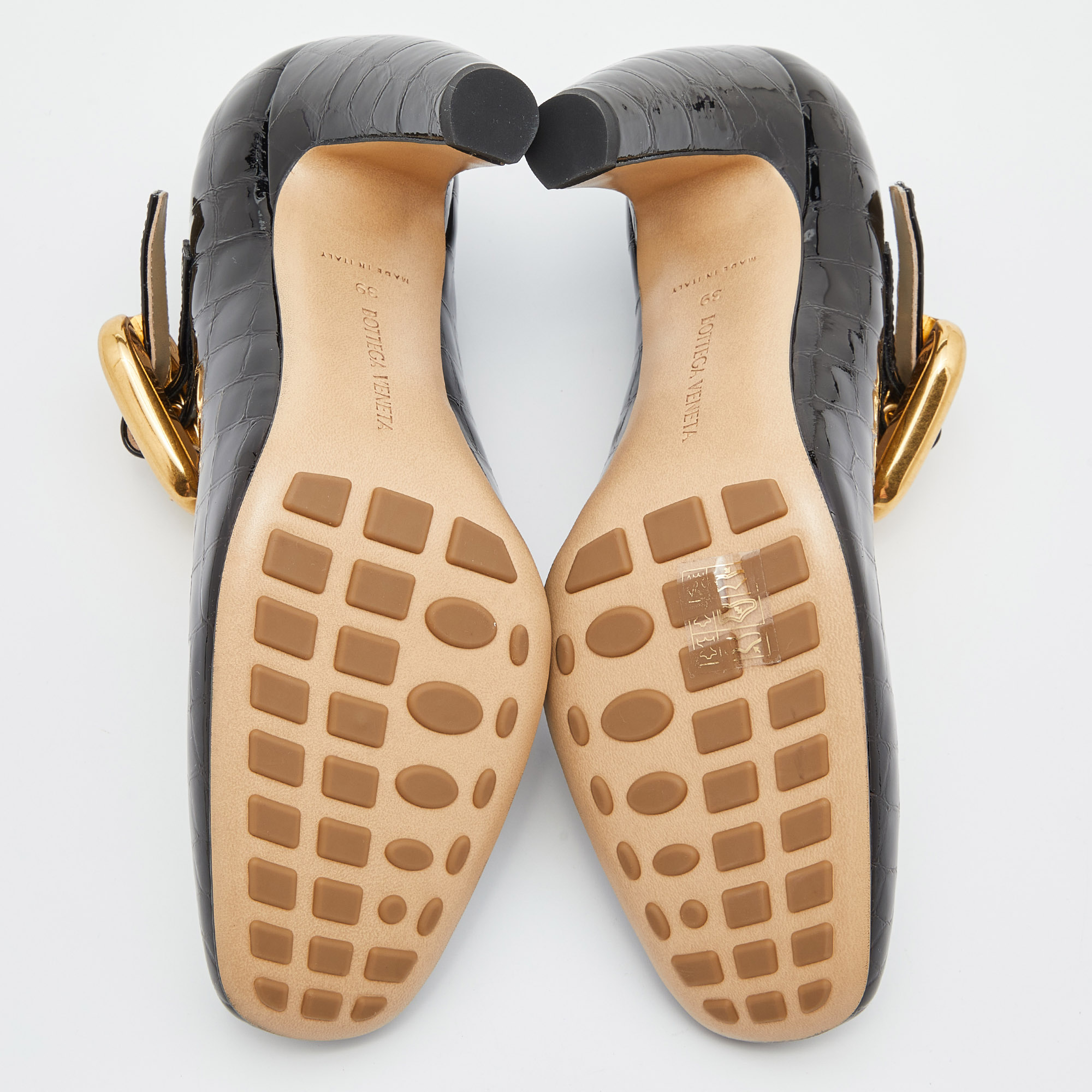 Bottega Veneta Black Croc Embossed Patent Leather Block Heel Pumps Size 39