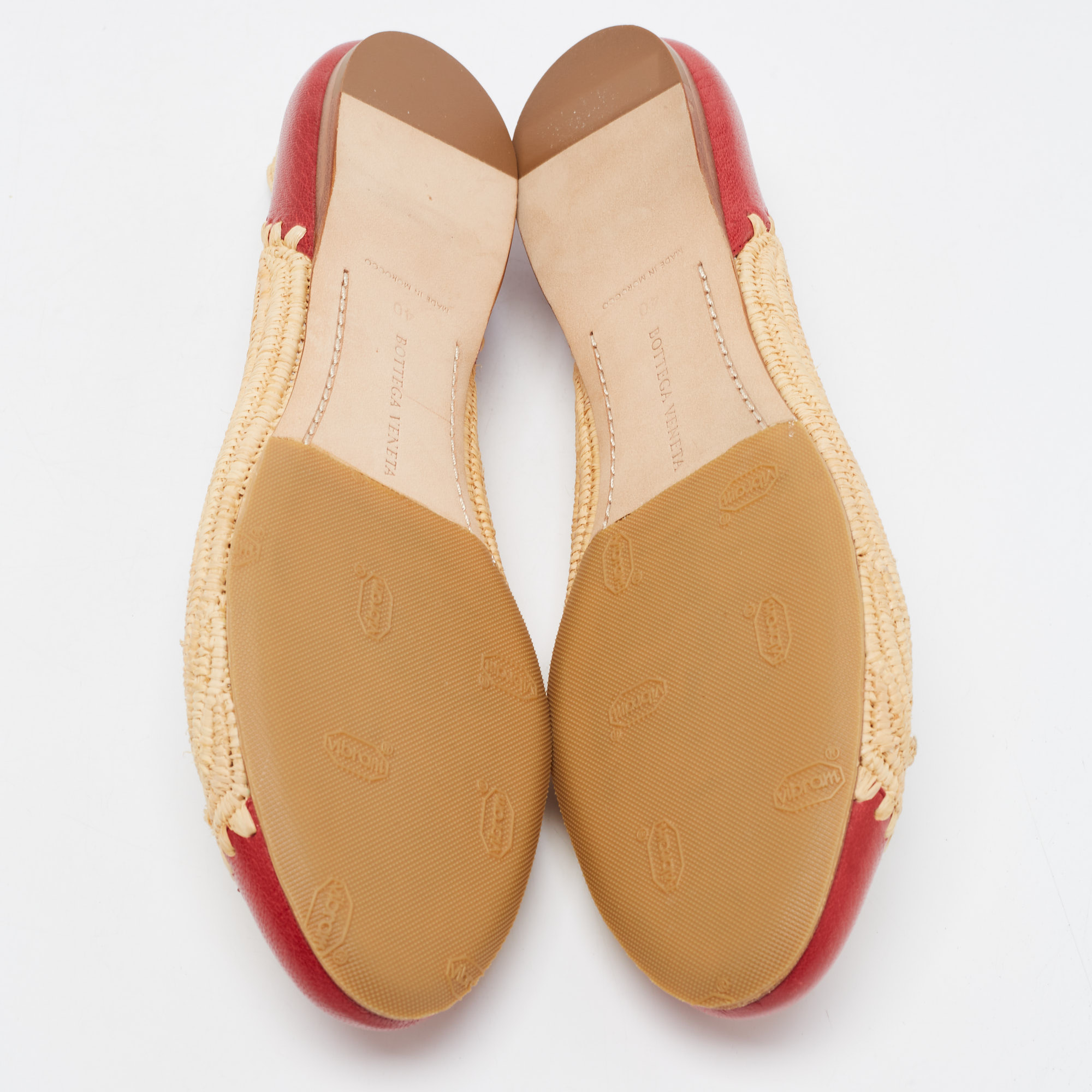 Bottega Veneta Red/Beige Leather And Raffia Bow Ballet Flats Size 40
