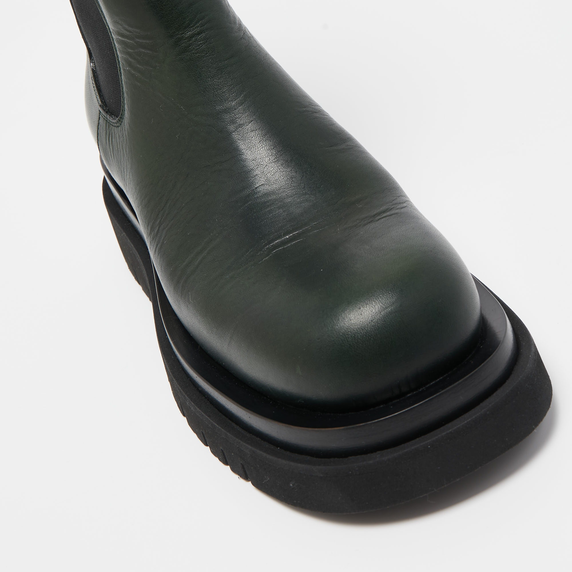 Bottega Veneta Green Leather Chelsea Lug Mid Calf Boots Size 39