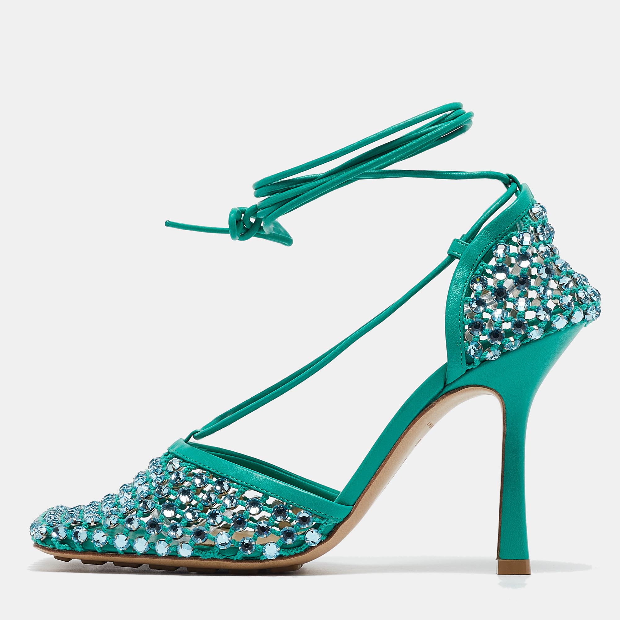Bottega veneta green crystal embellished mesh sparkle stretch ankle tie pumps size 38