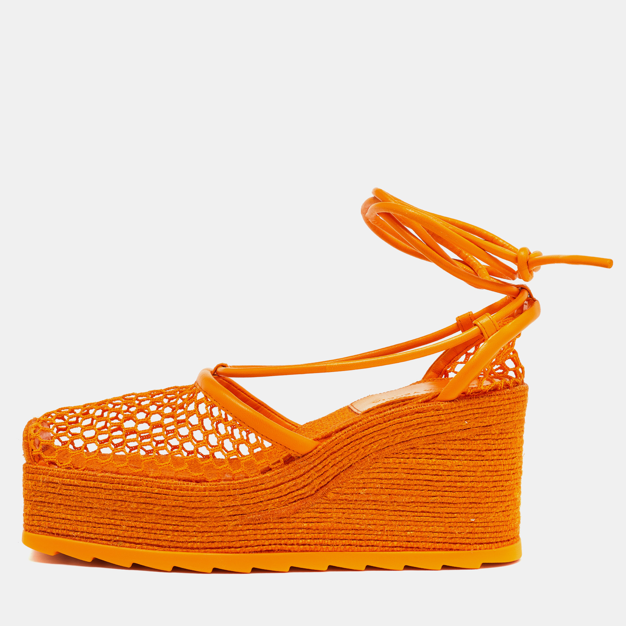 Bottega veneta orange mesh and leather lace-up wedge platform espadrilles ankle tie sandals size 38