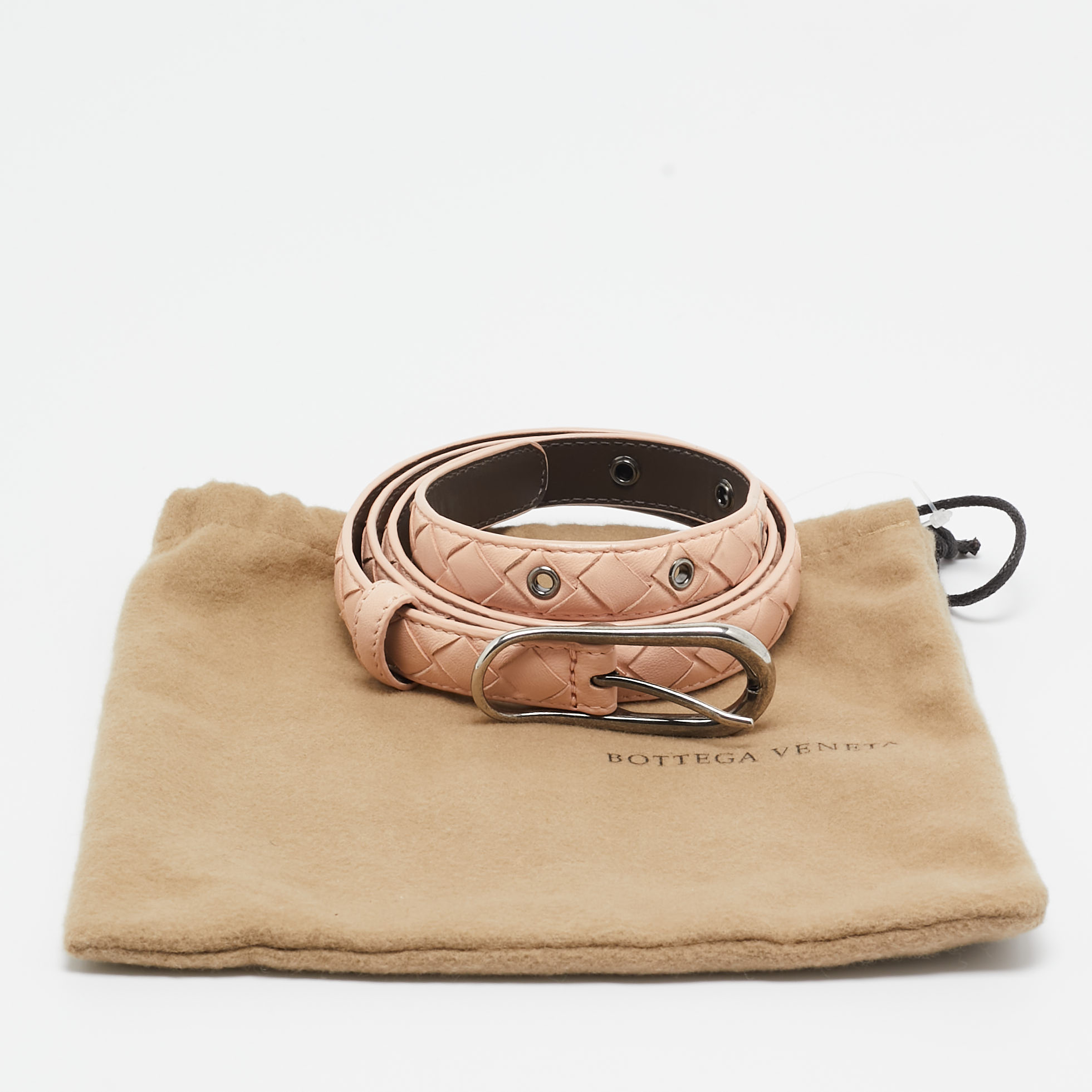 Bottega Veneta Peach Intrecciato Leather Slim Buckle Belt 85 CM