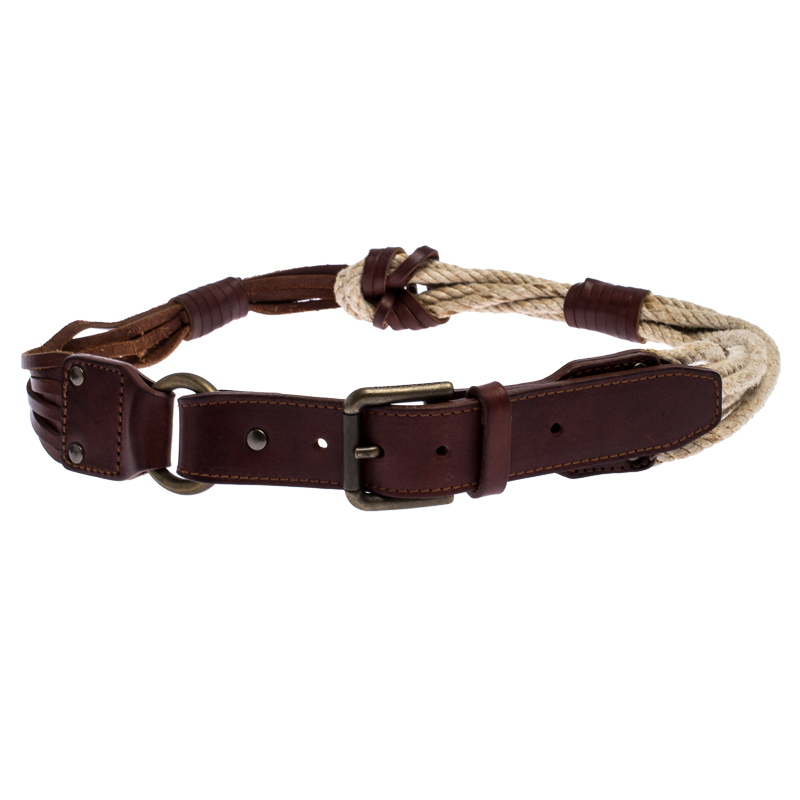 Bottega veneta brown/beige leather and rope knot buckle belt 85cm