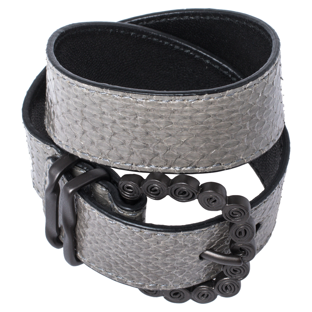 Bottega Veneta Grey Snakeskin Double Wrap Bracelet S