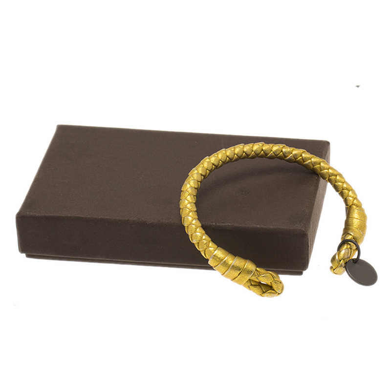 Bottega Veneta Intrecciato Nappa Gold Tone Open Cuff Leather Bracelet M