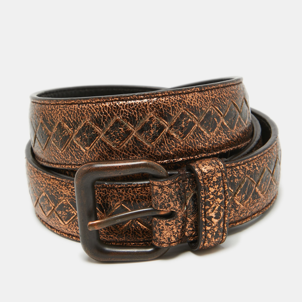 Bottega veneta bronze intrecciato leather slim buckle belt 90cm