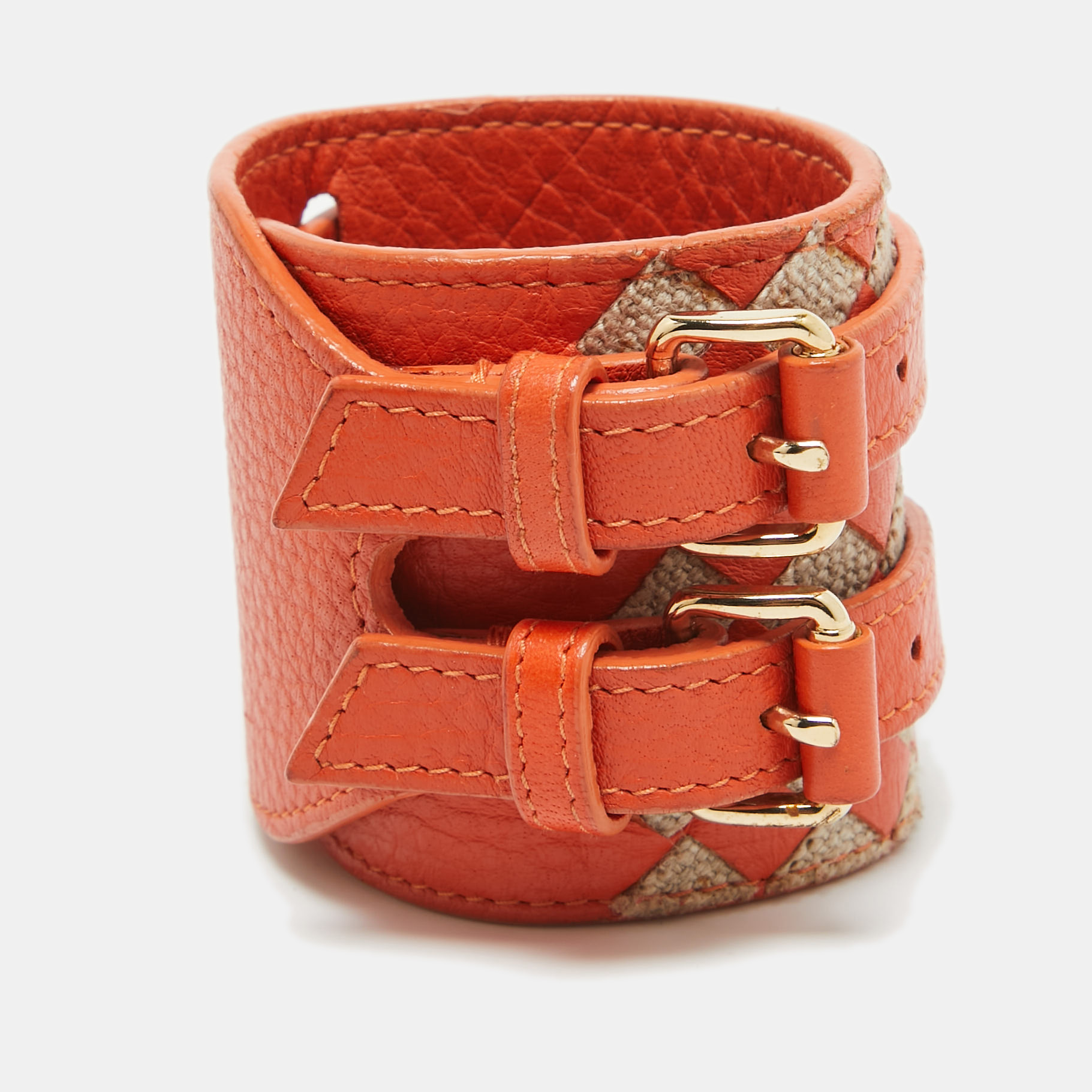 Bottega veneta orange/beige intrecciato leather and jute double buckle wrap bracelet