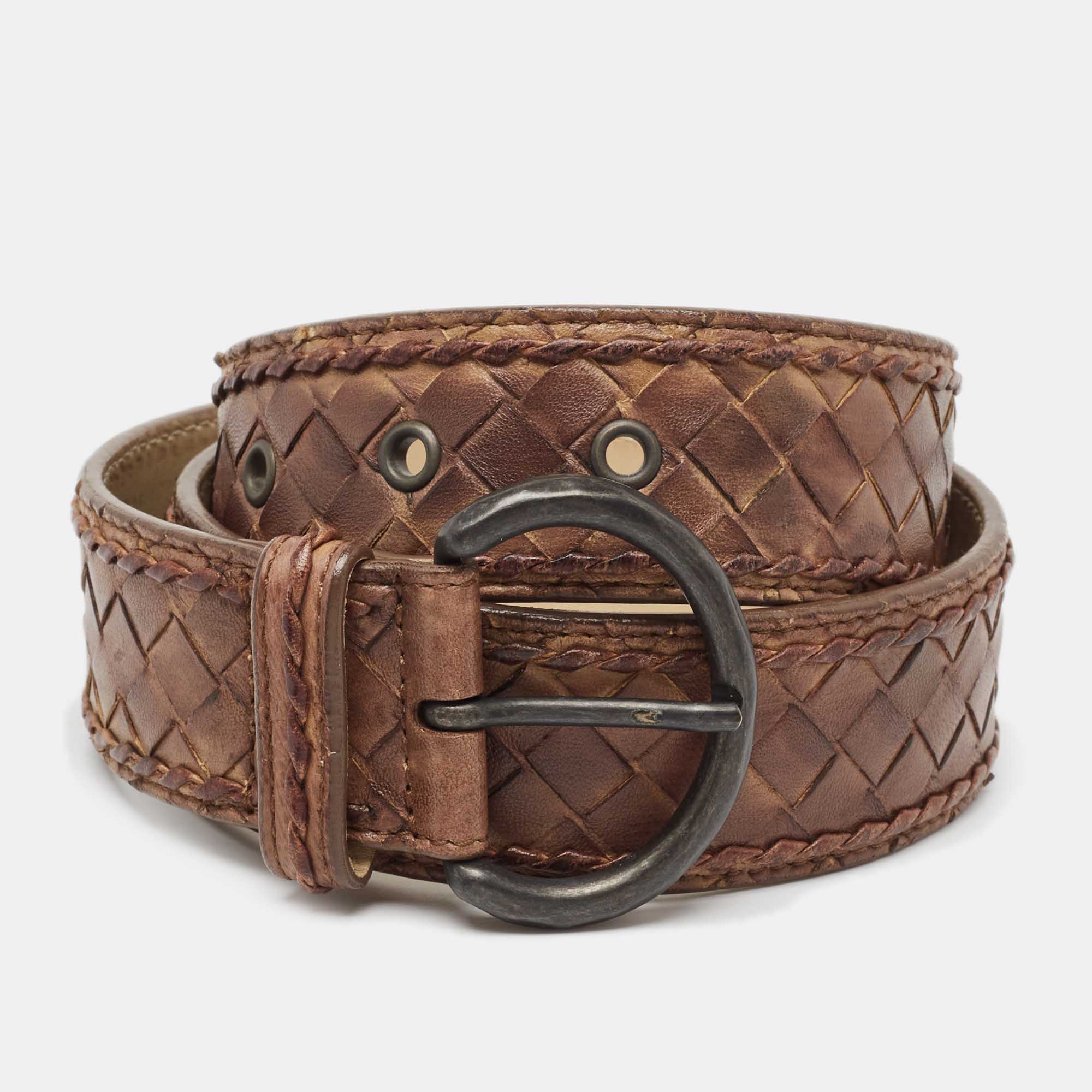 Bottega veneta brown intrecciato leather buckle belt 80 cm
