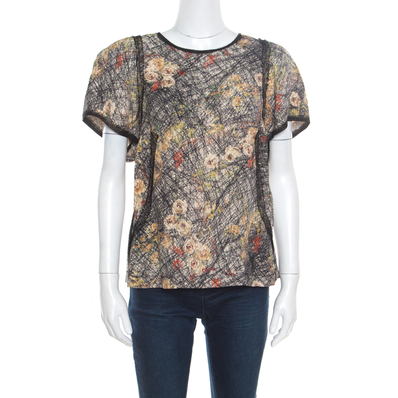 Image of Bottega Veneta Cream and Black Scribble Floral Print Top L