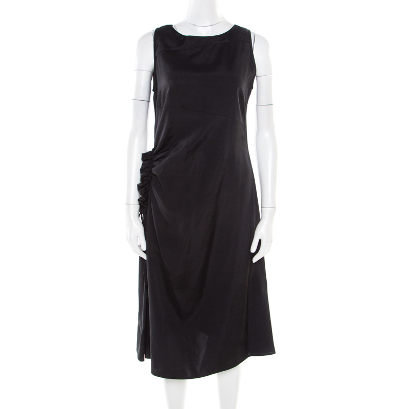 Bottega Veneta Black Asymmetric Ruffle Draped Sleeveless Shift Dress S