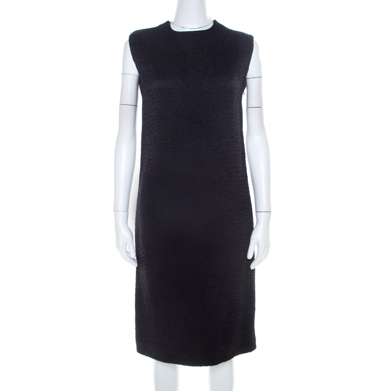 Image of Bottega Veneta Black Textured Wool Sleeveless Shift Dress S