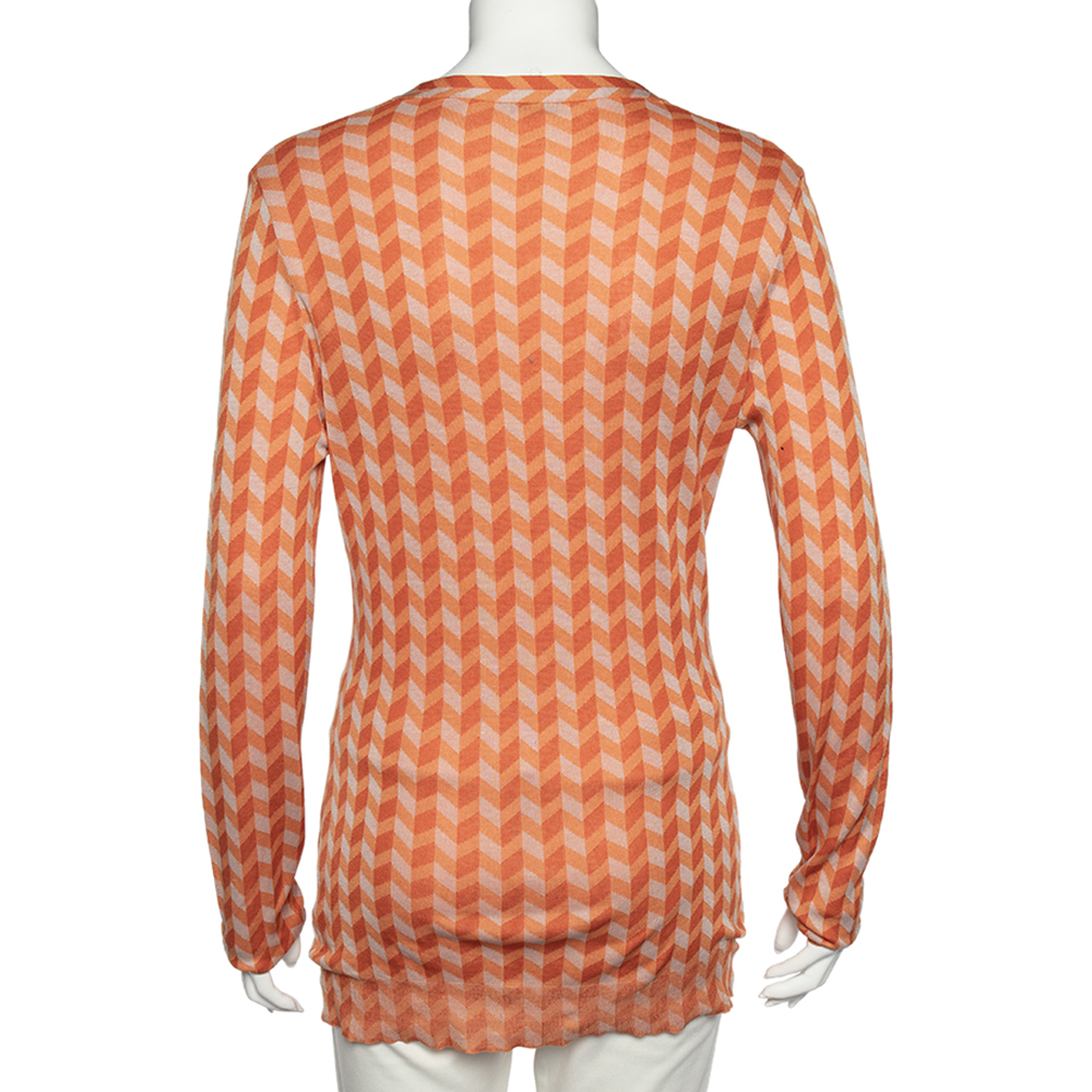 Bottega Veneta Orange Chevron Knit V-Neck Long Sleeve Sweater M