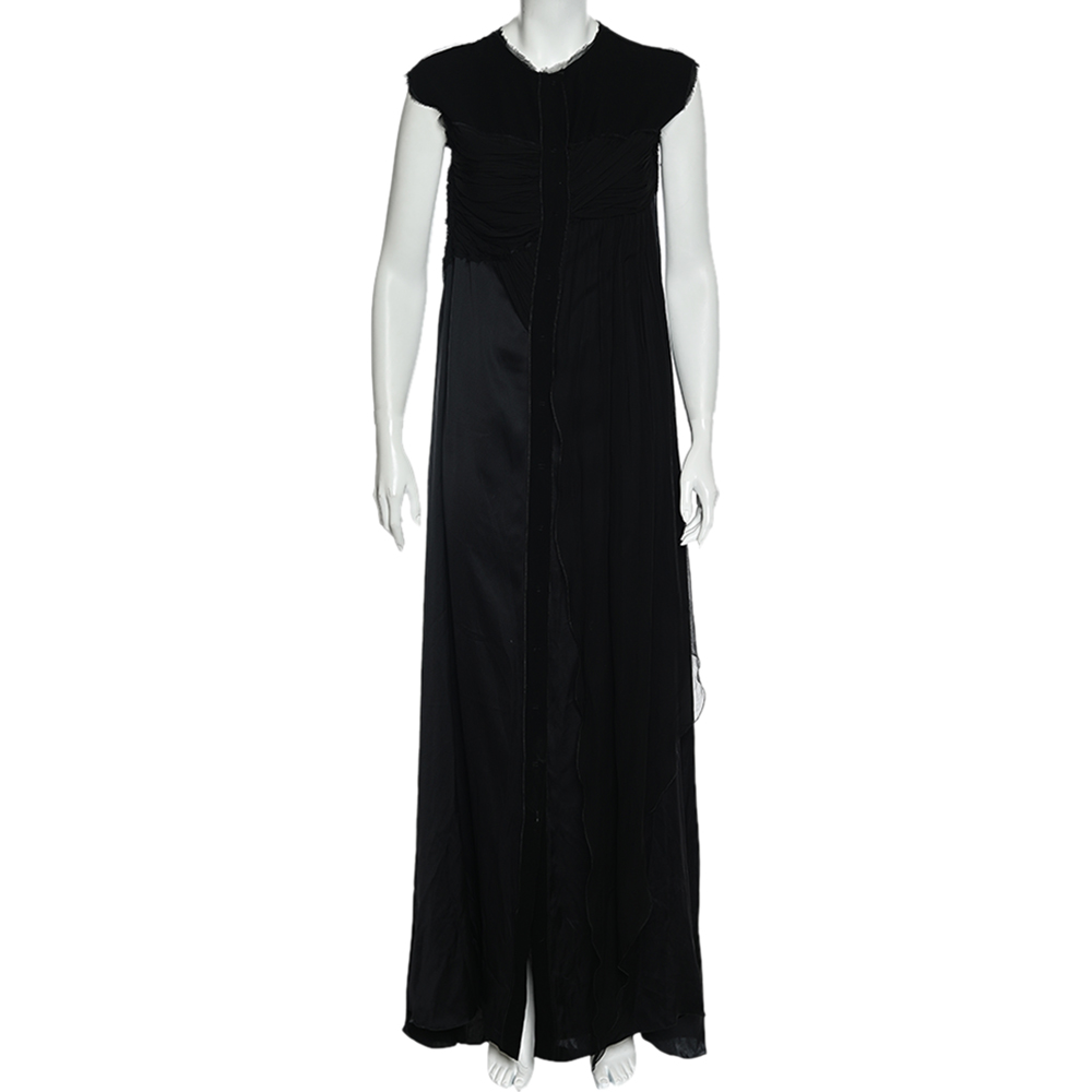Bottega veneta black silk draped detail button front maxi dress m
